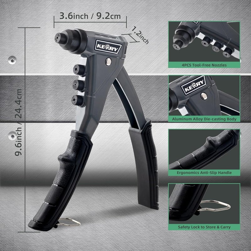 KERRY One-Handed Rivet Gun, 3/32" 1/8" 5/32" 3/16" Pop Rivet Gun Set, Manual Riveting Tool with 9.6" Extended Handle, 200 Rivets, 4 Tool-Free Interchangeable Heads, Profeesional Hand Riveter - Image 2